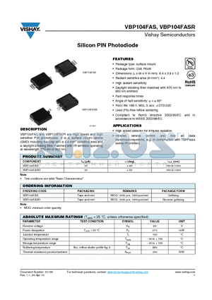 VBP104FASR datasheet - Silicon PIN Photodiode