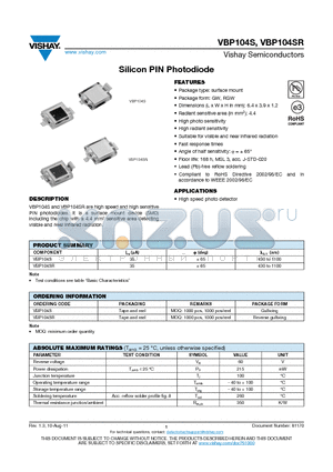 VBP104S datasheet - Silicon PIN Photodiode