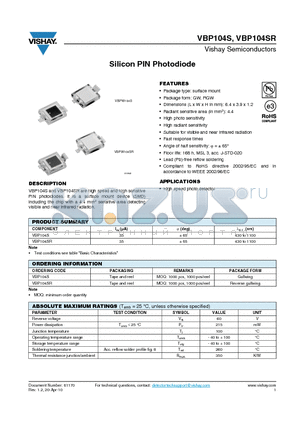 VBP104SR datasheet - Silicon PIN Photodiode