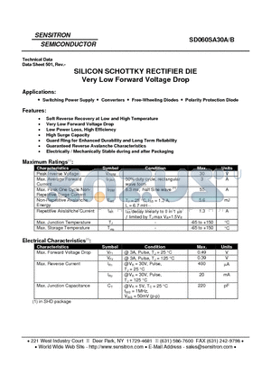 SD060SA30A datasheet - SILICON SCHOTTKY RECTIFIER DIE Very Low Forward Voltage Drop