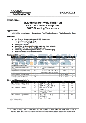 SD060SC100A datasheet - SILICON SCHOTTKY RECTIFIER DIE Very Low Forward Voltage Drop 200`C Operating Temperature