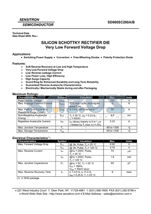 SD060SC200B datasheet - SILICON SCHOTTKY RECTIFIER DIE Very Low Forward Voltage Drop