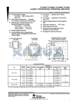 TLC27M7CD datasheet - LinCMOSE PRECISION DUAL OPERATIONAL AMPLIFIERS