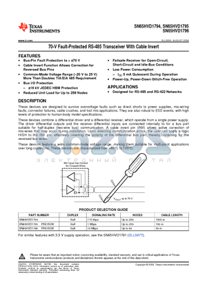 SN65HVD1794DR datasheet - 70-V Fault-Protected RS-485 Transceiver With Cable Invert