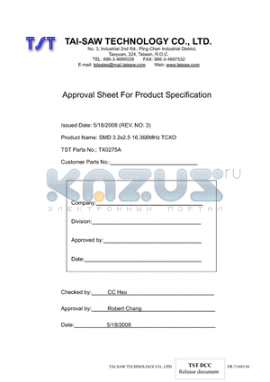 TX0275A datasheet - SMD 3.2x2.5 16.368MHz TCXO