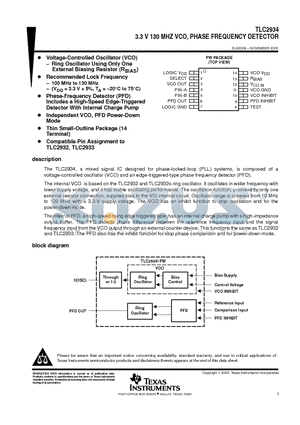 TLC2934 datasheet - 3.3 V 130 MHZ VCO, PHASE FREQUENCY DETECTOR