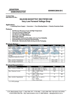 SD090SC200A datasheet - SILICON SCHOTTKY RECTIFIER DIE Very Low Forward Voltage Drop