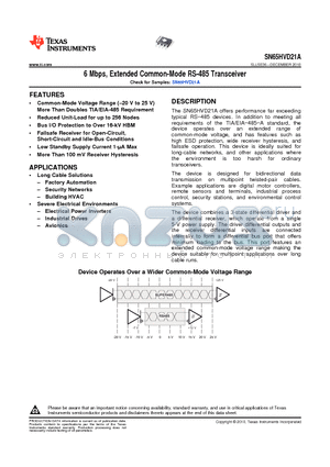 SN65HVD21ADR datasheet - 6 Mbps, Extended Common-Mode RS-485 Transceiver