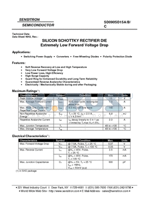 SD090SD15A datasheet - SILICON SCHOTTKY RECTIFIER DIE Extremely Low Forward Voltage Drop