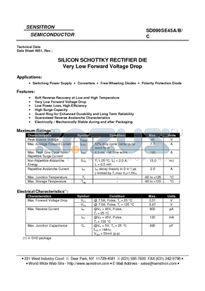 SD090SE45B datasheet - SILICON SCHOTTKY RECTIFIER DIE Very Low Forward Voltage Drop