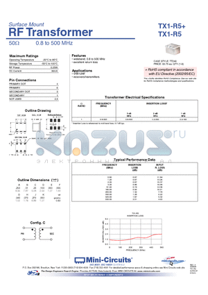 TX1-R5 datasheet - RF Transformer TX1-R5