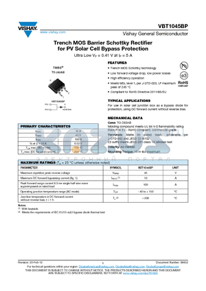 VBT1045BP datasheet - Trench MOS Barrier Schottky Rectifier for PV Solar Cell Bypass Protection