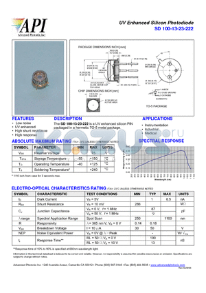 SD100-13-23-222 datasheet - UV Enhanced Silicon Photodiode