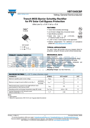 VBT1545CBP datasheet - Trench MOS Barrier Schottky Rectifier for PV Solar Cell Bypass Protection