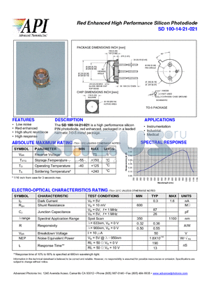 SD100-14-21-021 datasheet - Red Enhanced High Performance Silicon Photodiode