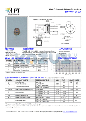 SD100-11-21-221 datasheet - Red Enhanced Silicon Photodiode