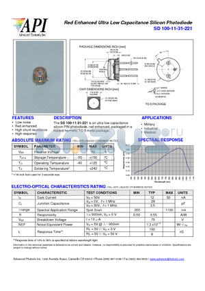 SD100-11-31-221 datasheet - Red Enhanced Ultra Low Capacitance Silicon Photodiode