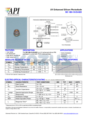SD100-13-23-022 datasheet - UV Enhanced Silicon Photodiode