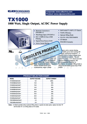 TX1000 datasheet - 1000 Watt, Single Output, AC/DC Power Supply