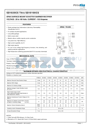 SD10100CS datasheet - DPAK SURFACE MOUNT SCHOTTKY BARRIER RECTIFIER(VOLTAGE - 20 to 100 Volts CURRENT - 10.0 Amperes)