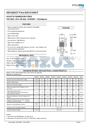 SD10100CT datasheet - SCHOTTKY BARRIER RECTIFIER(VOLTAGE - 20 to 100 Volts CURRENT - 10.0 Amperes)