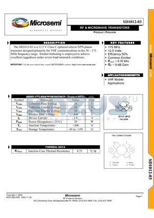 SD1012-03 datasheet - RF & MICROWAVE TRANSISTORS