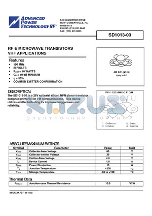 SD1013-03 datasheet - RF & MICROWAVE TRANSISTORS VHF APPLICATIONS