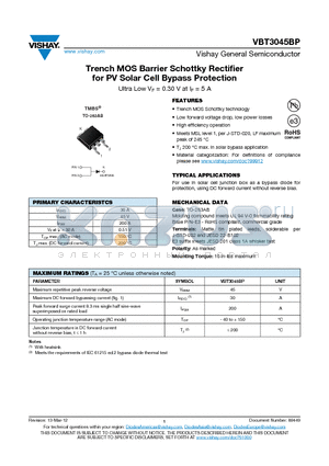 VBT3045BP-E3/4W datasheet - Trench MOS Barrier Schottky Rectifier for PV Solar Cell Bypass Protection