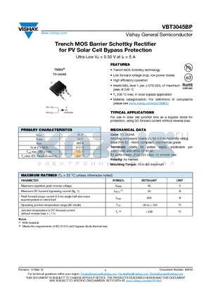 VBT3045BP datasheet - Trench MOS Barrier Schottky Rectifier for PV Solar Cell Bypass Protection