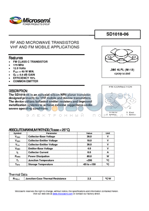 SD1018-06 datasheet - RF AND MICROWAVE TRANSISTORS VHF AND FM MOBILE APPLICATIONS