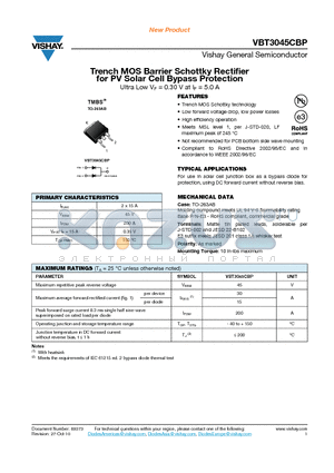 VBT3045CBP-E3-8W datasheet - Trench MOS Barrier Schottky Rectifier for PV Solar Cell Bypass Protection