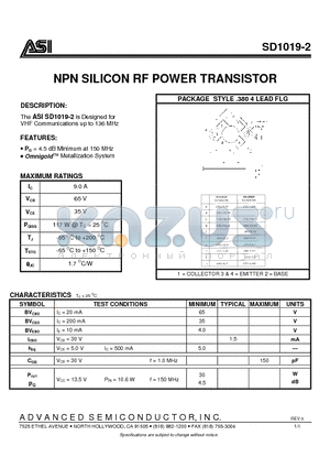 SD1019-2 datasheet - NPN SILICON RF POWER TRANSISTOR