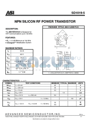 SD1019-5 datasheet - NPN SILICON RF POWER TRANSISTOR