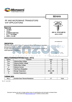 SD1019 datasheet - RF AND MICROWAVE TRANSISTORS VHF APPLICATIONS