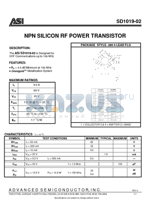 SD1019-02 datasheet - NPN SILICON RF POWER TRANSISTOR