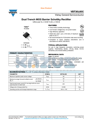 VBT30L60C datasheet - Dual Trench MOS Barrier Schottky Rectifier