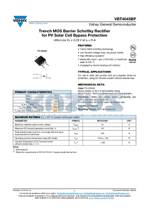 VBT4045BP datasheet - Trench MOS Barrier Schottky Rectifier for PV Solar Cell Bypass Protection