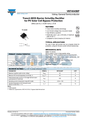 VBT4045BP-E3/8W datasheet - Trench MOS Barrier Schottky Rectifier for PV Solar Cell Bypass Protection