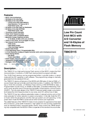 T89C5115 datasheet - Low Pin Count 8-bit MCU with A/D Converter and 16-Kbytes of Flash Memory