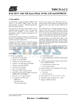 T89C51AC2-RLSI-M datasheet - 8-bit MCU with 32K bytes Flash, 10 bits A/D and EEPROM