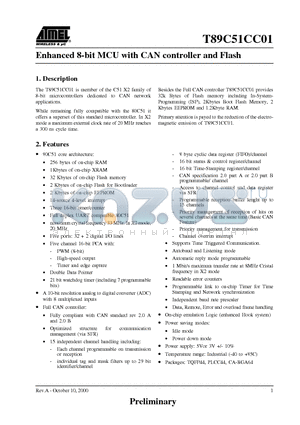 T89C51CC01 datasheet - Enhanced 8-bit MCU with CAN controller and Flash