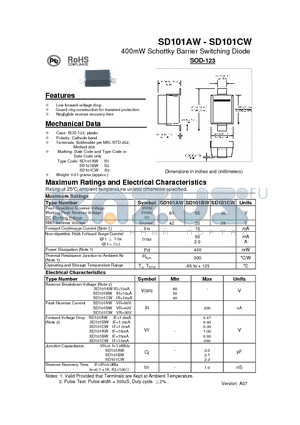 SD101AW_1 datasheet - 400mW Schottky Barrier Switching Diode