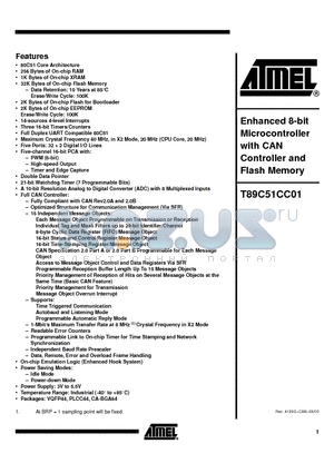 T89C51CC01UA-SLSIM datasheet - Enhanced 8-bit Microcontroller with CAN Controller and Flash Memory