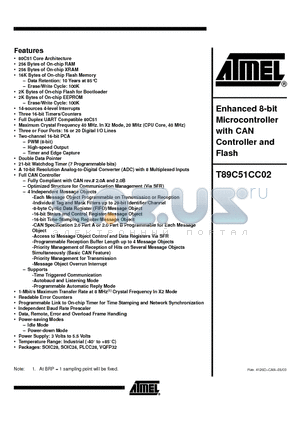 T89C51CC02CA-RATIM datasheet - Enhanced 8-bit Microcontroller with CAN Controller and Flash Memory