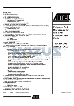 T89C51CC02 datasheet - Enhanced 8-bit Microcontroller with CAN Controller and Flash