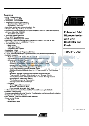 T89C51CC02 datasheet - Enhanced 8-bit Microcontroller with CAN Controller and Flash