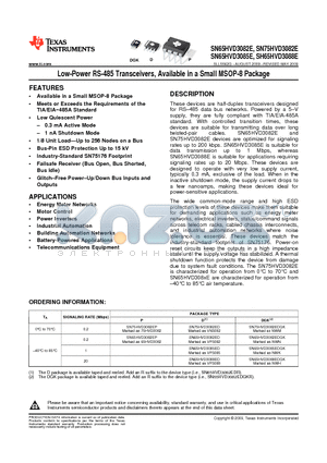 SN65HVD3082ED datasheet - Low-Power RS-485 Transceivers, Available in a Small MSOP-8 Package