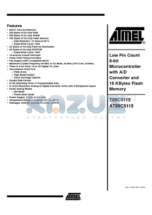 T89C5115-RATIM datasheet - Low Pin Countl 8-bit Microcontroller with A/D Converter and 16 KBytes Flash Memory