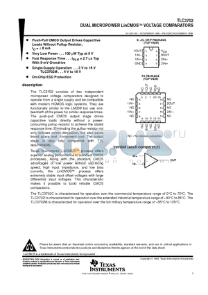TLC3702D datasheet - DUAL MICROPOWER LinCMOSE VOLTAGE COMPARATORS