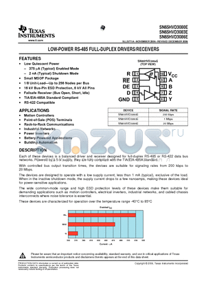 SN65HVD3083E datasheet - LOW-POWER RS-485 FULL-DUPLEX DRIVERS/RECEIVERS